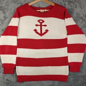 Vintage Sweater Mens Medium Red White Striped Anchor Nautical Cotton JG Hook Ivy